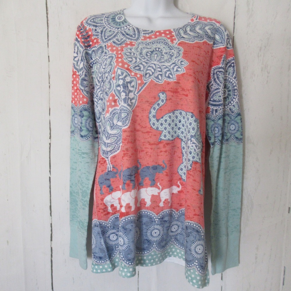 Whimsy Rose Top XL Baby Waffle Elephant Floral Print Long Sleeve